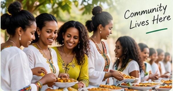 Women in traditional Ethiopian dress serving food together at a community gathering
