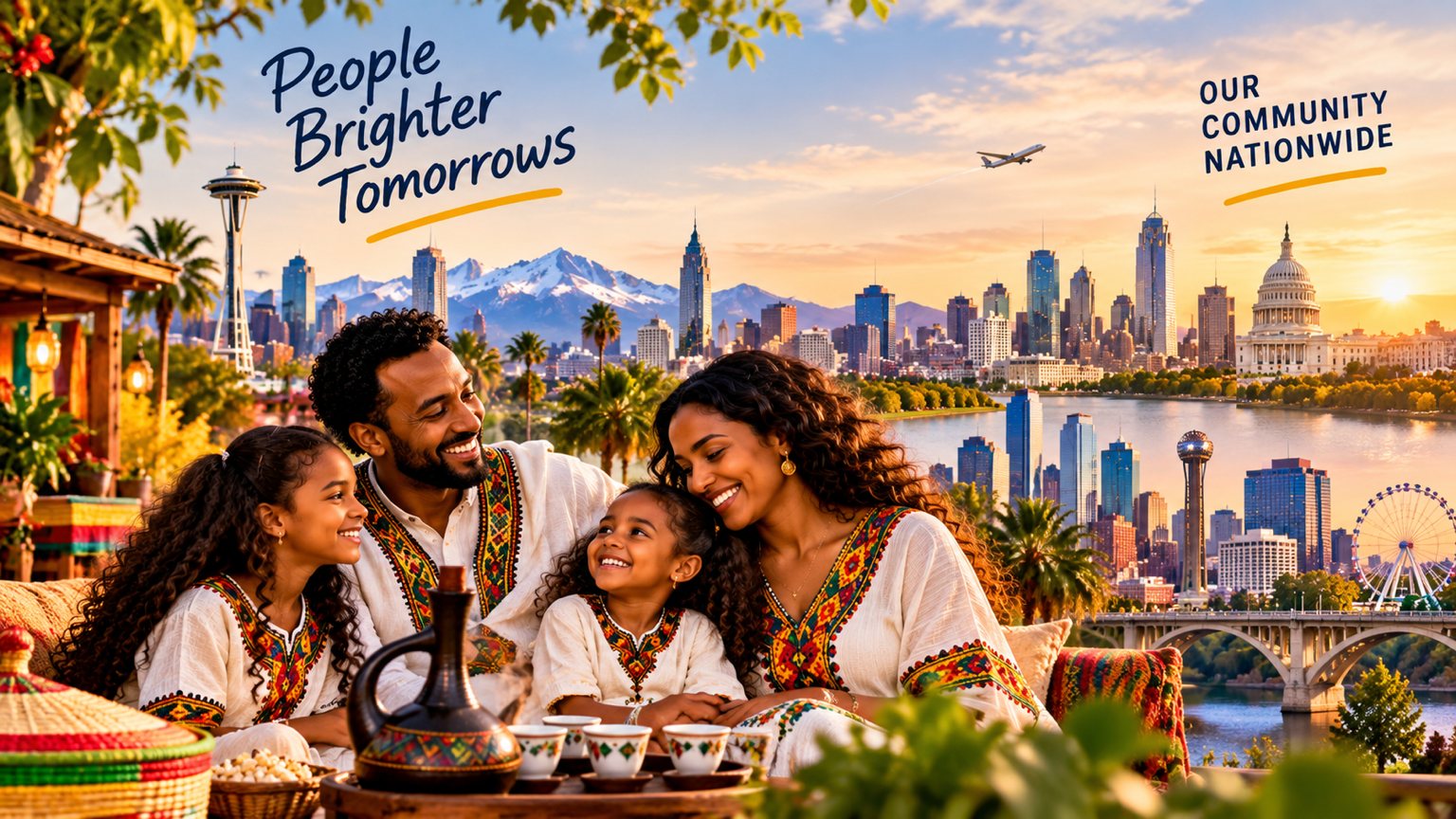 Ethiopian families and neighbours together, with the Las Vegas skyline behind them